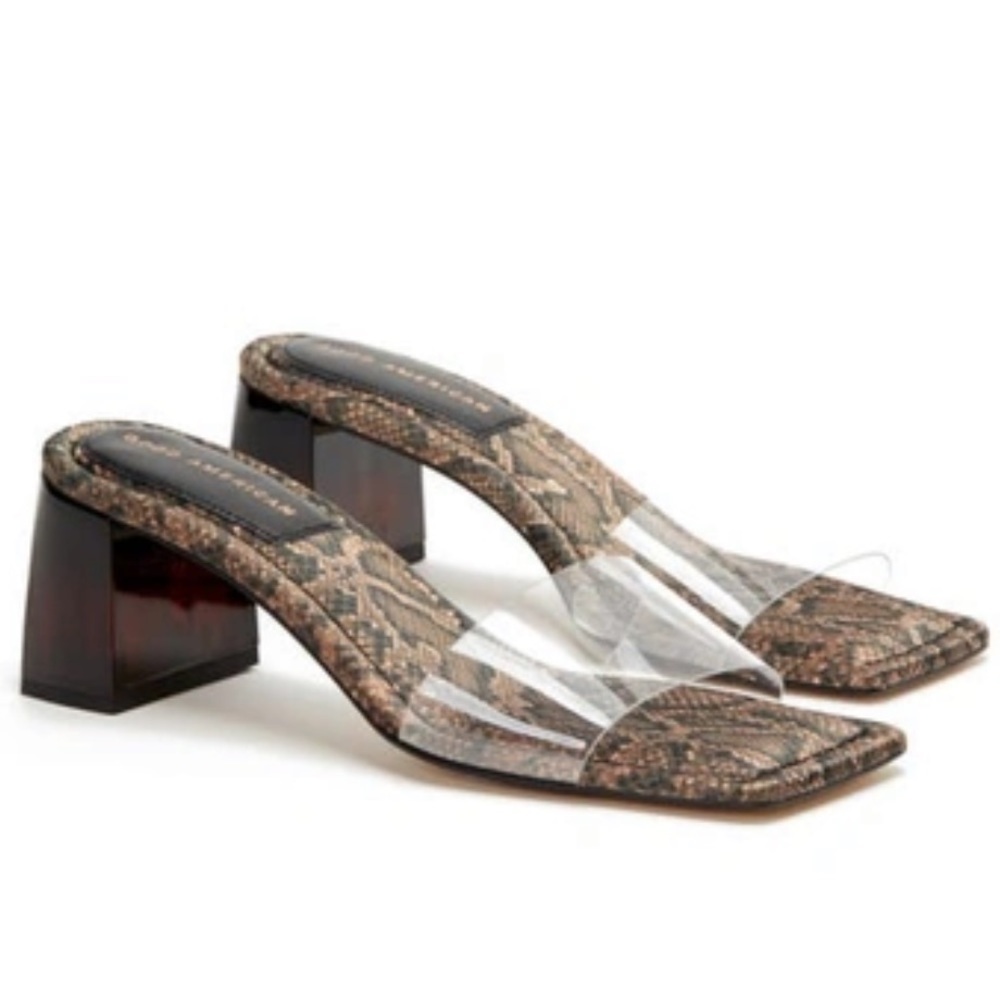 NEW GOOD AMERICAN Block Heel Slide Sandals Desert Snake Clear Upper‎ Size 10
